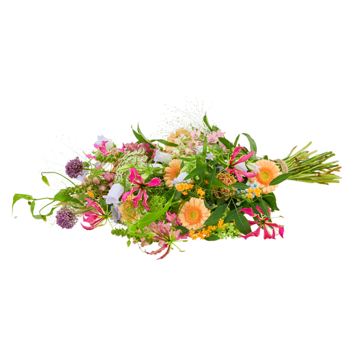 Uitbundig rouwboeket met roze, oranje en paarse bloemen in natuurlijke wildpluk-stijl, samengesteld met gerbera's, gloriosa en seizoensbloemen.