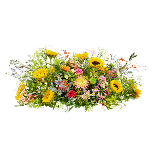 Halve kistbedekking met zonnebloemen, dahlia en kleurrijke seizoensbloemen