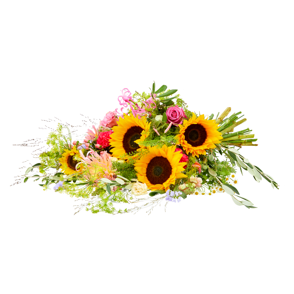 Weelderig rouwboeket met gele zonnebloemen als blikvanger, aangevuld met kleurrijke seizoensbloemen.