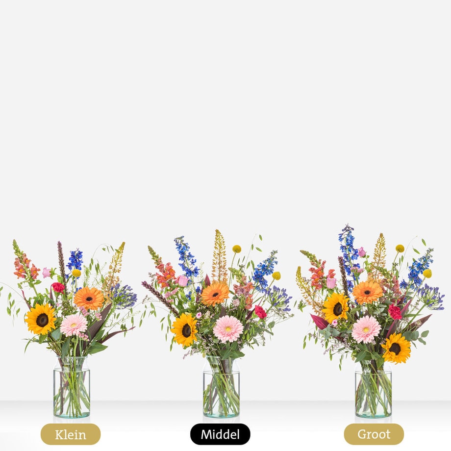 Drie boeketten in verschillende maten: klein, middel, en groot. Elk boeket bevat een kleurrijke mix van bloemen zoals zonnebloemen, gerbera’s, leeuwenbekjes, en riddersporen, gepresenteerd in een glazen vaas.