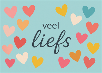 Blauwe moederdag wenskaart met hartjes en de tekst Veel liefs