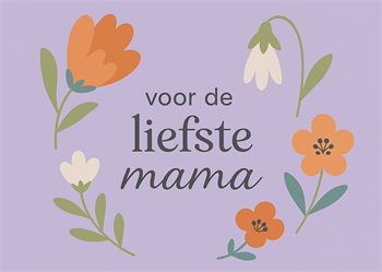 Paars wenskaartje met bloemen en de tekst Voor de liefste mama