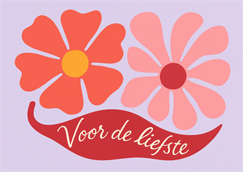 Lila wenskaart voor moederdag met gekleurde bloemen en de tekst Voor de liefste